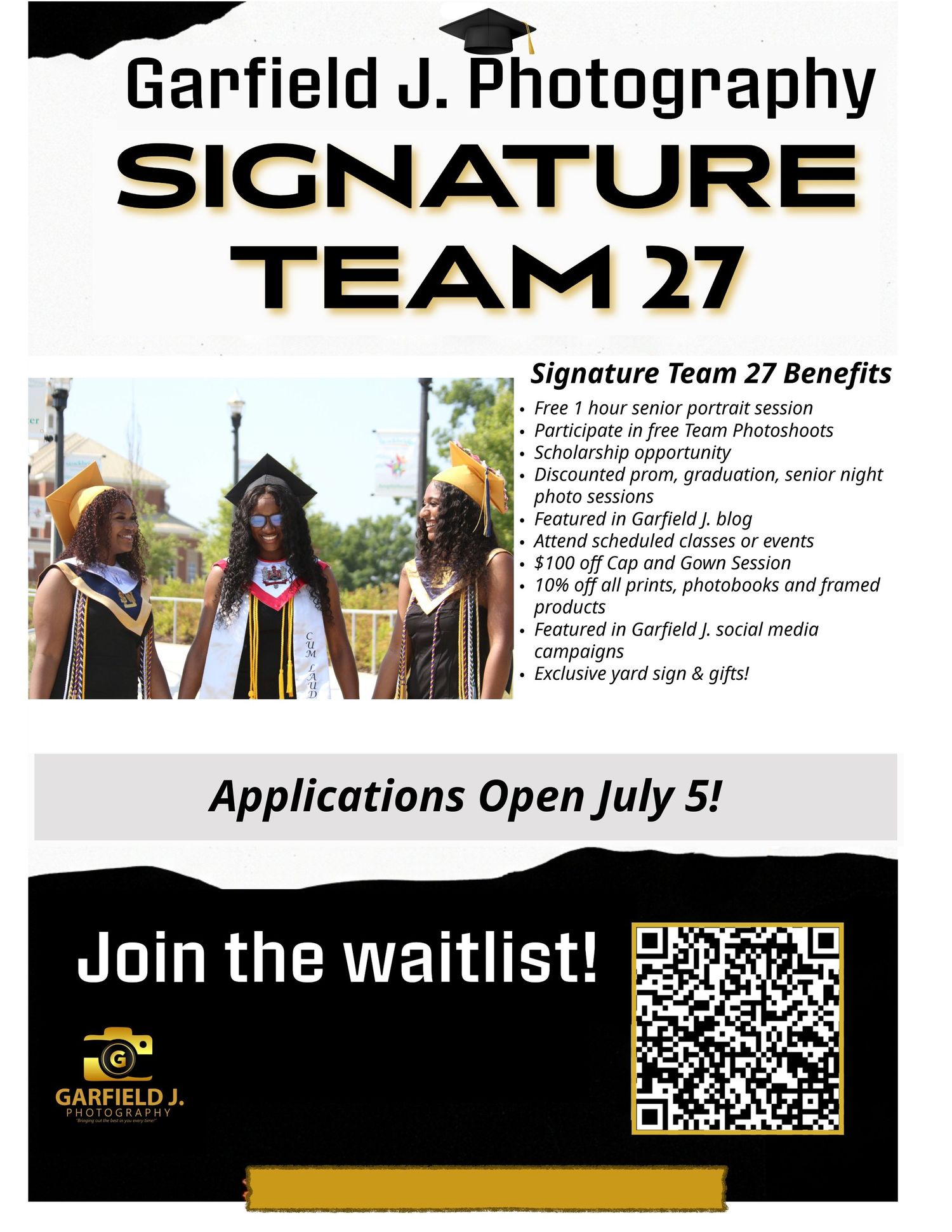 Signature Team 25 banner featuring three graduates in academic regalia outdoors.