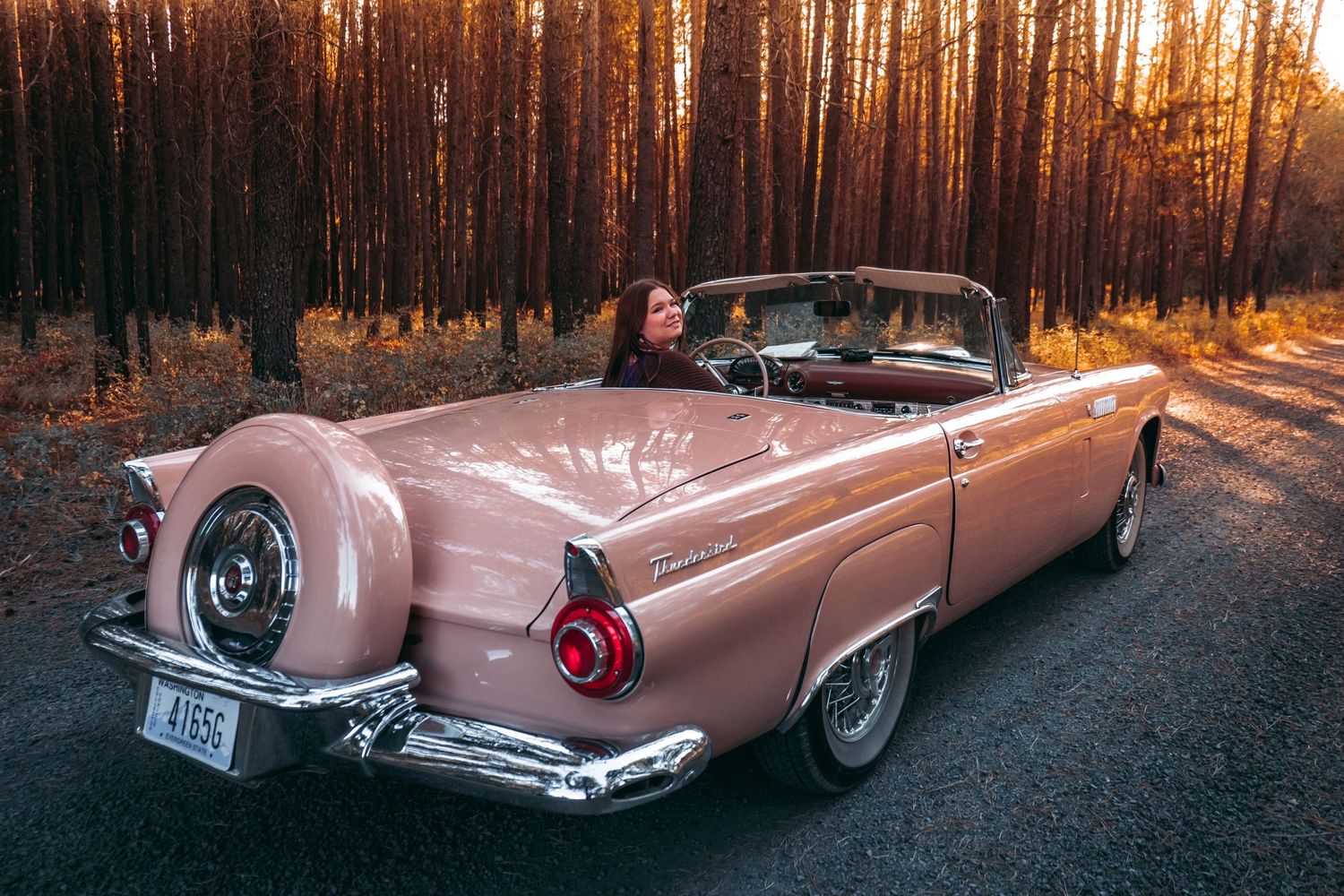 A pink vintage Ford Thunderbird convertible photographed at sunset among tall pine trees.