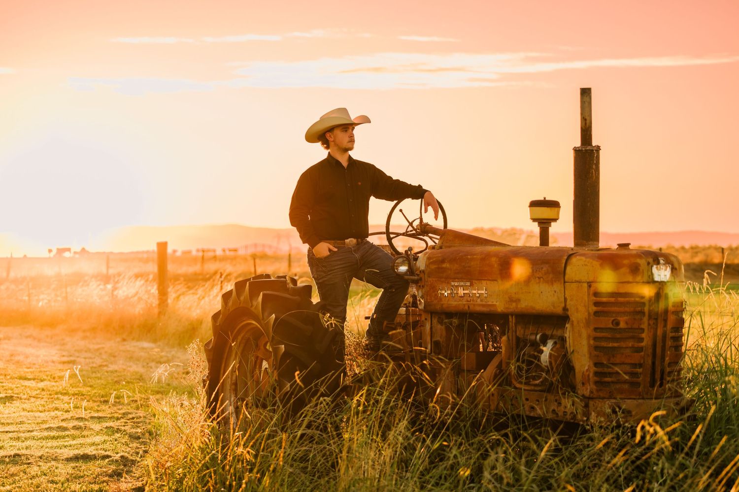 cowboy with tractor, vacaville california, agriculture, country boy, sunset, farmall tractor