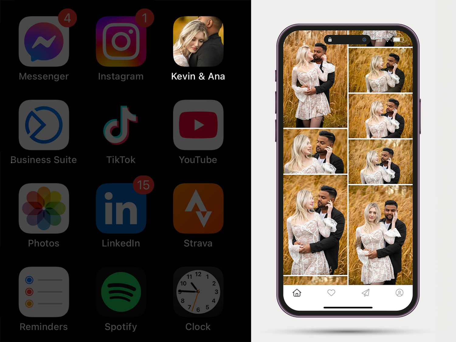 A smartphone display showing social media app icons alongside another phone displaying a photo booth style grid of pictures.