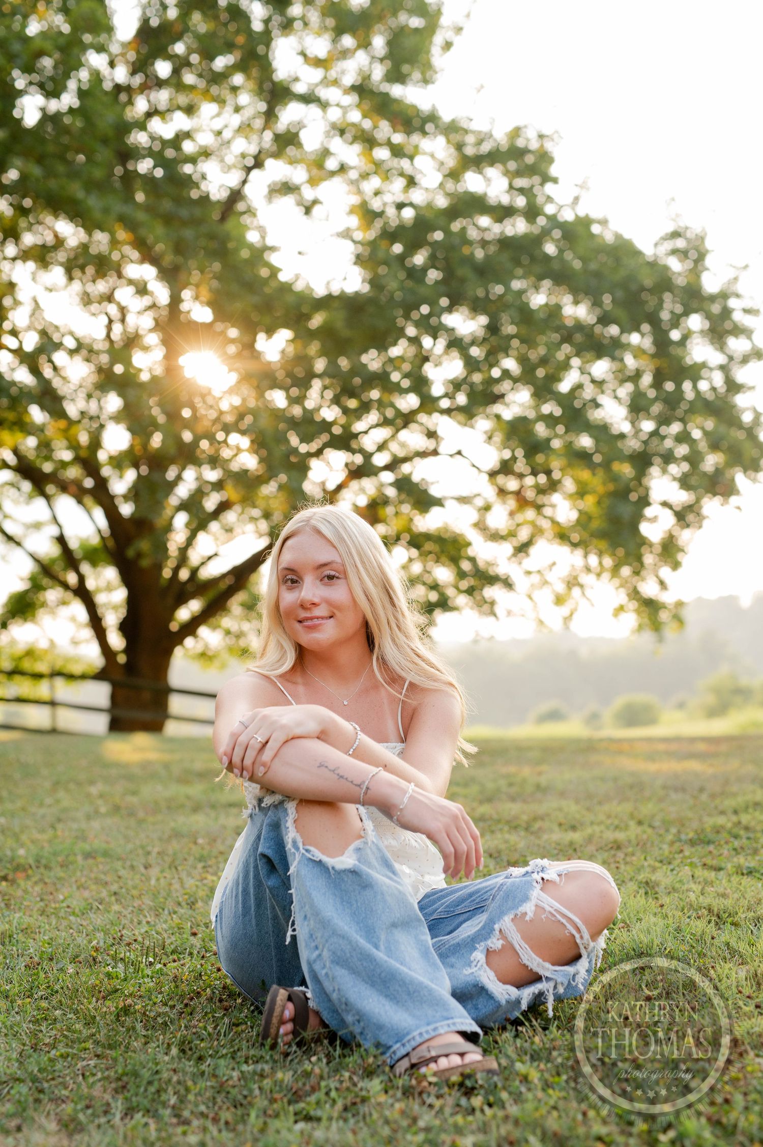 Sunset portrait in casual attire sitting on grass with large tree and golden light in background.