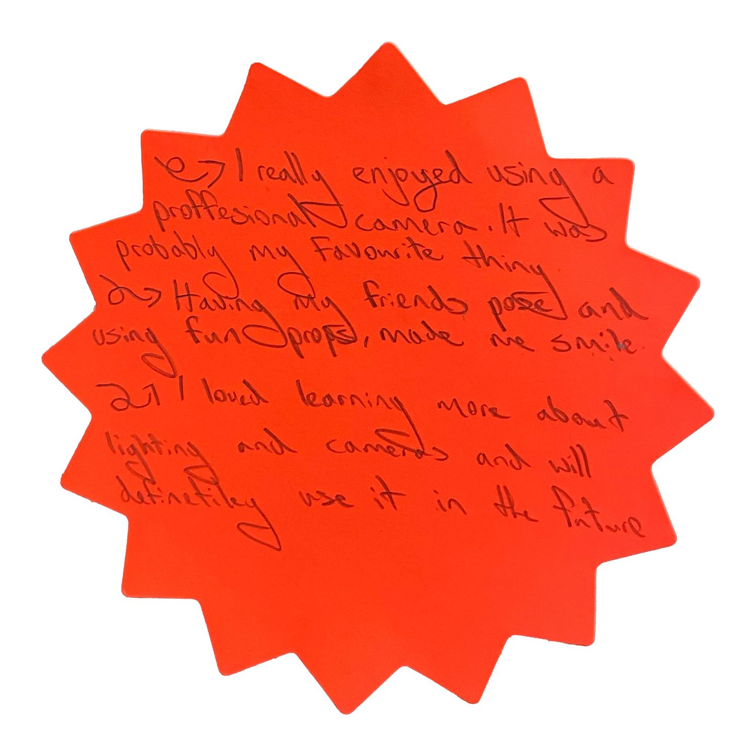 Red star-shaped paper notes with handwritten reflections displayed in sequence.