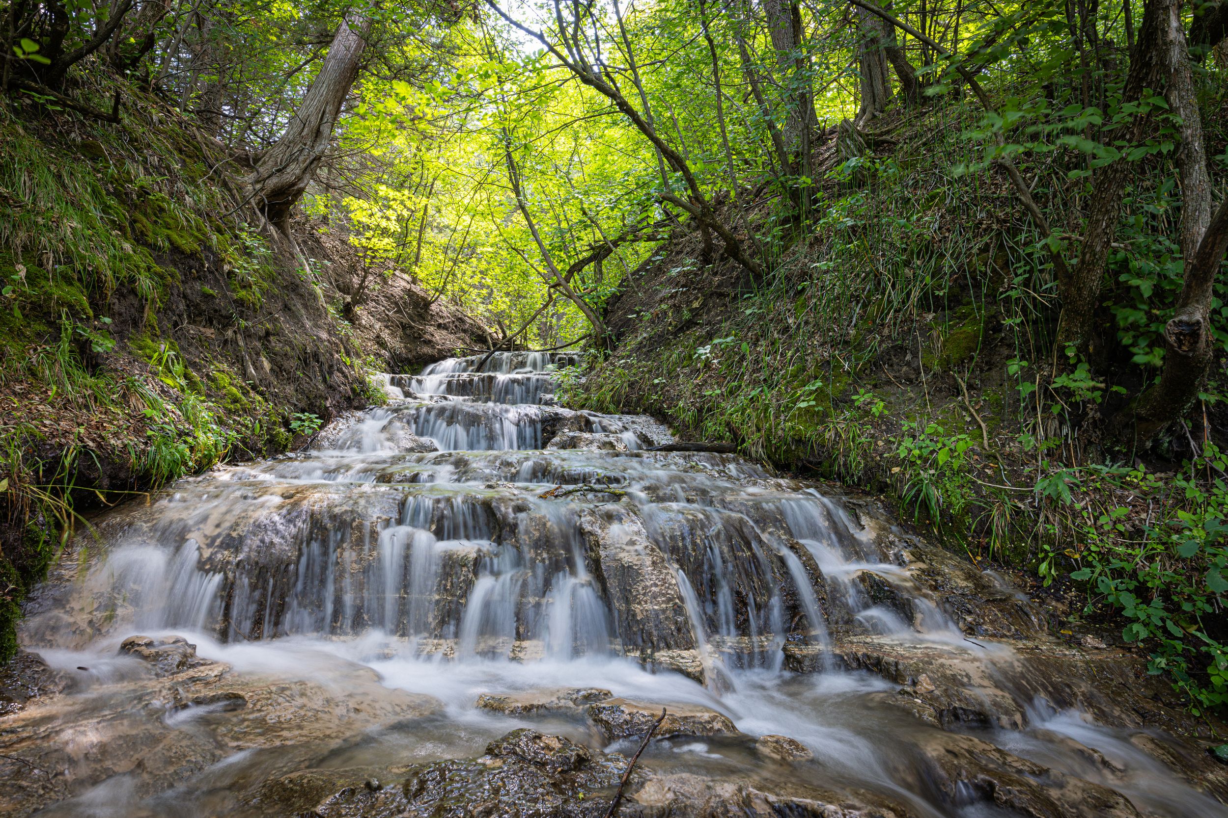 Series of cascading waterfalls flowing through lush green forest terrain.