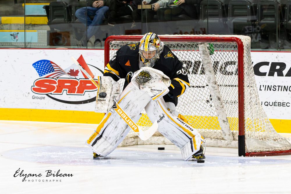 Goalie in black and yellow uniform positioned in front of hockey net during game.