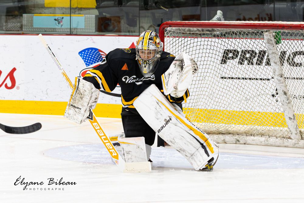 Hockey goalie in dark uniform making save position in front of net.