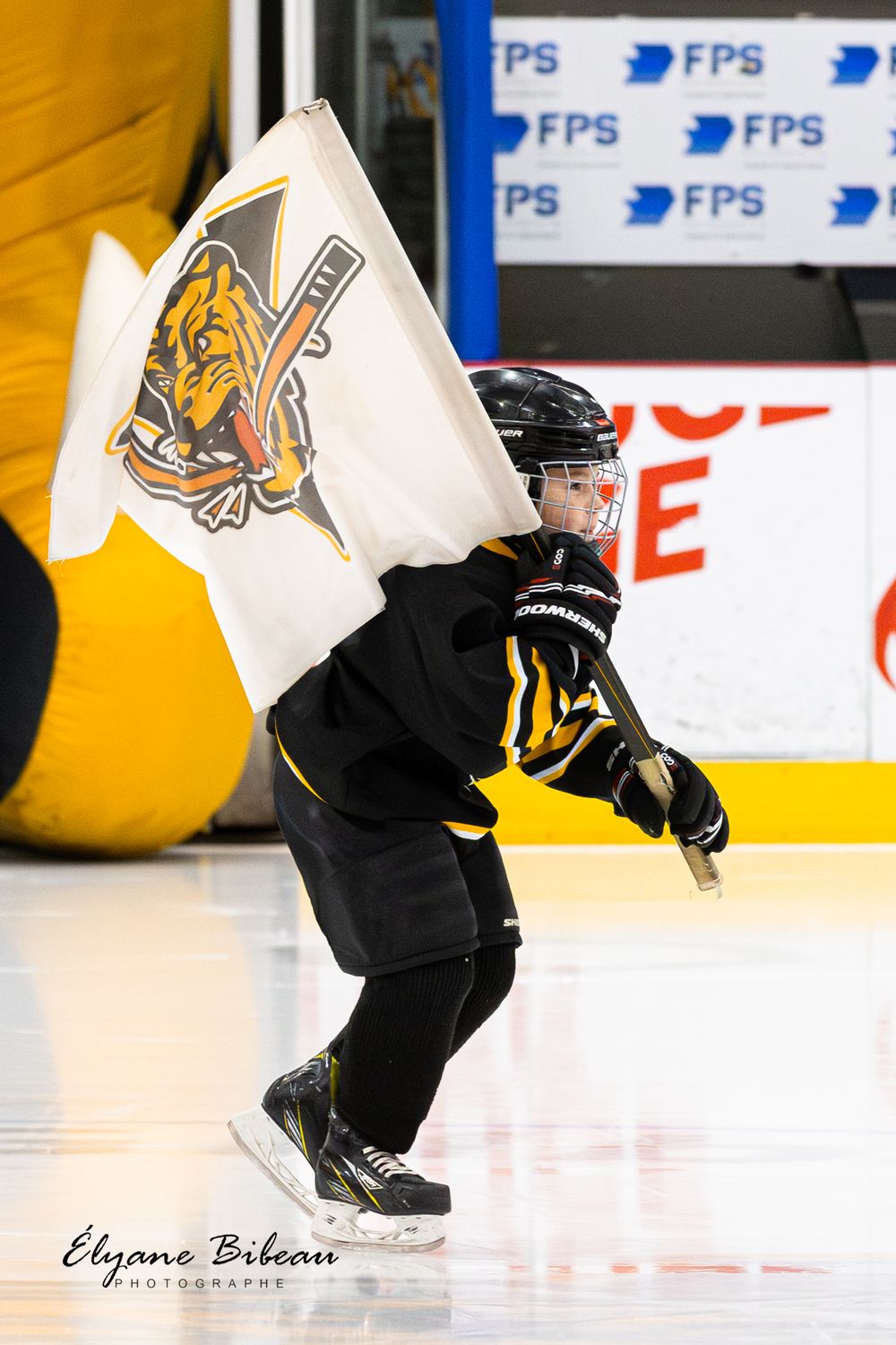 Young hockey player carries team flag with tiger logo while skating on ice rink.