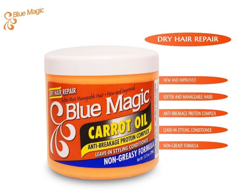 Blue Magic hair treatment jar with Carrot Oil for dry hair repair showcasing orange product benefits chart.