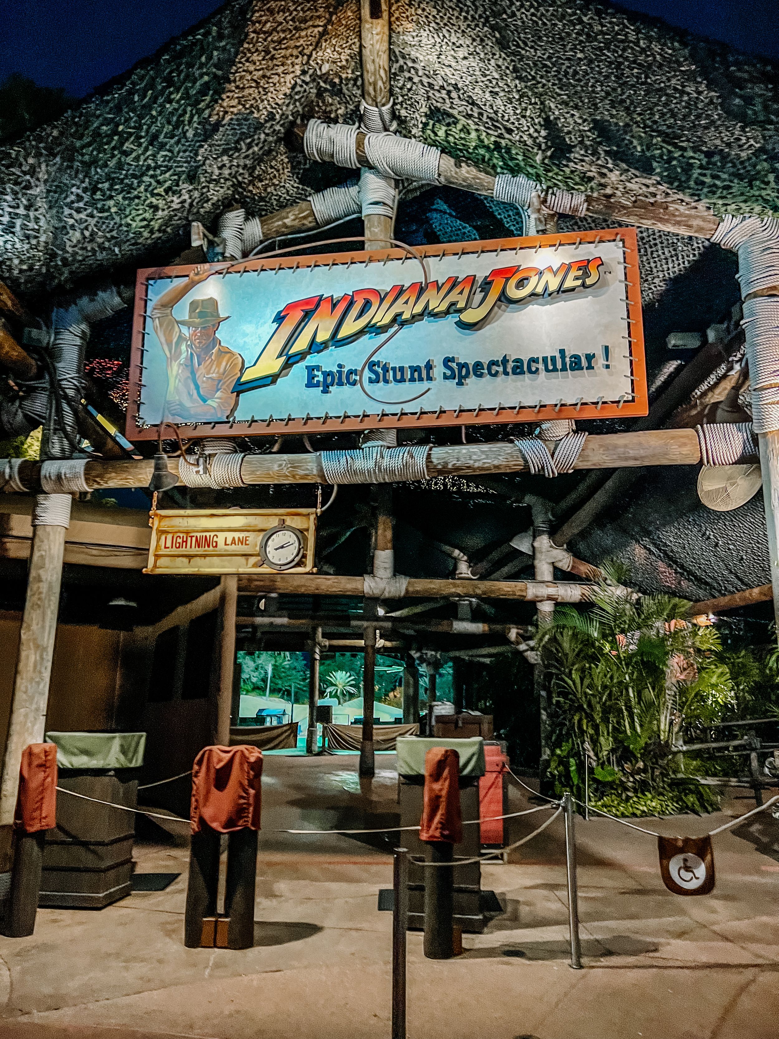 Entrance sign and queue area for Indiana Jones Epic Stunt Spectacular attraction at Disney's Hollywood Studios theme park.