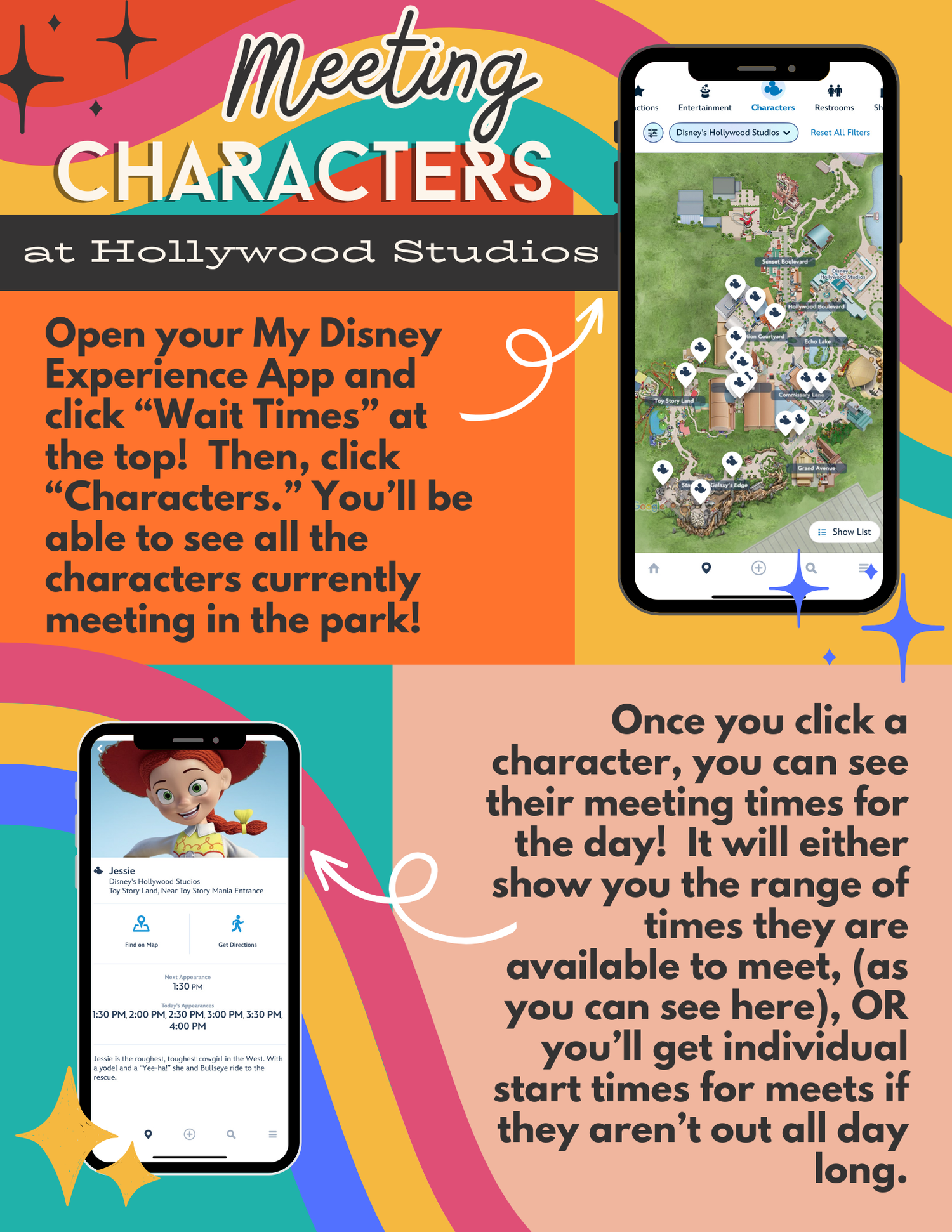 Step-by-step guide showing how to find character meet and greet locations using the My Disney Experience mobile app.