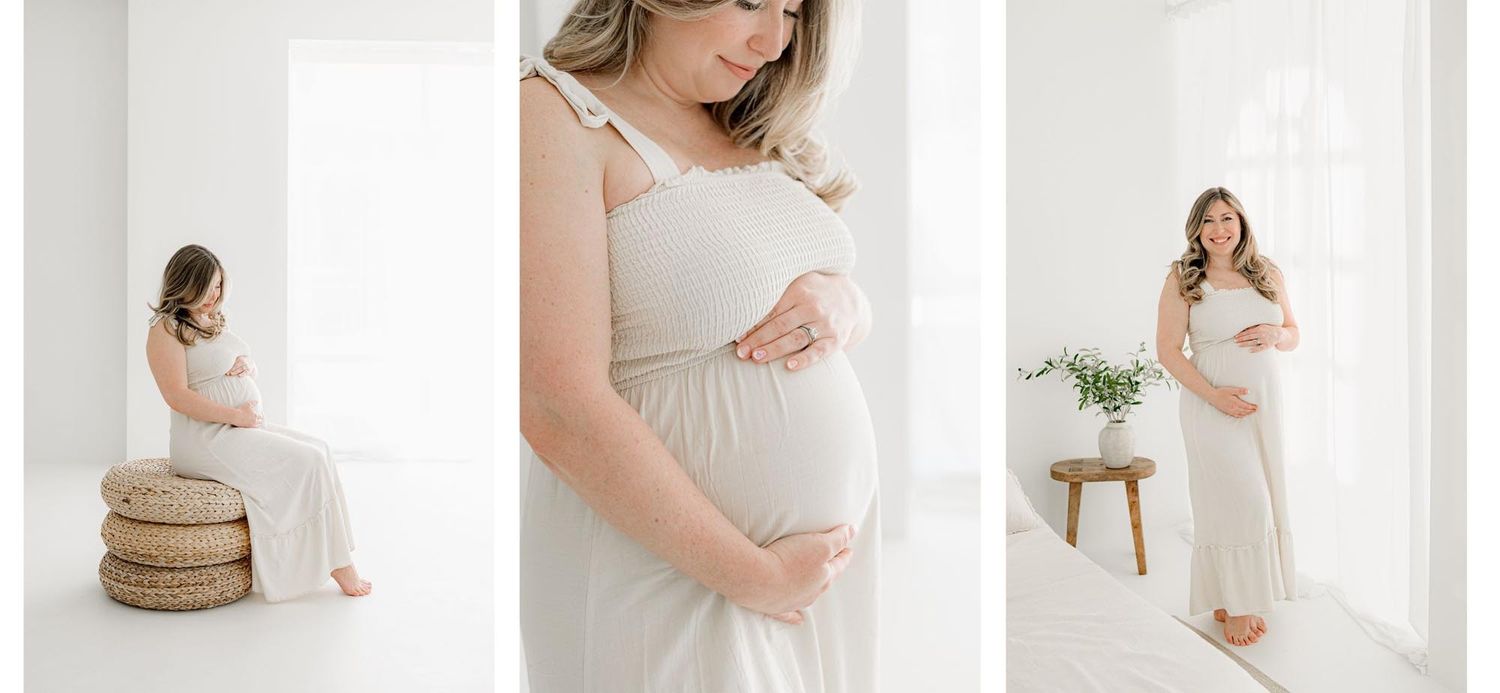 Three images of a pregnant mom in natural light studio by Jacksonville maternity photographer Ashley Wilson