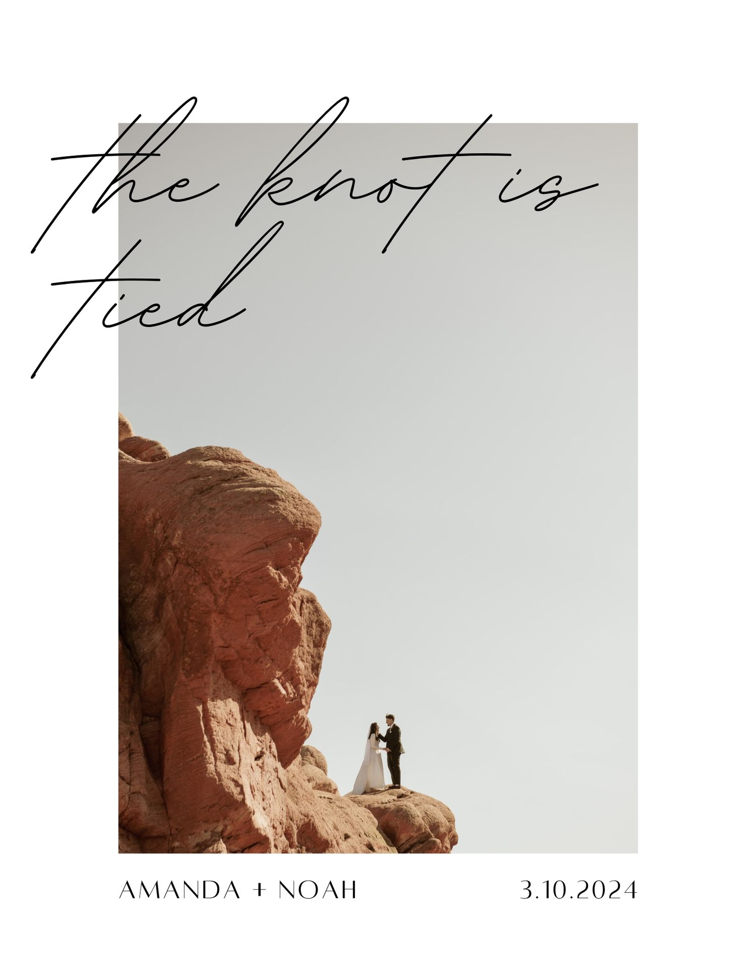 A minimalist wedding announcement showing two silhouettes atop a red rock formation with 'The Knot is Tied' text overlay.