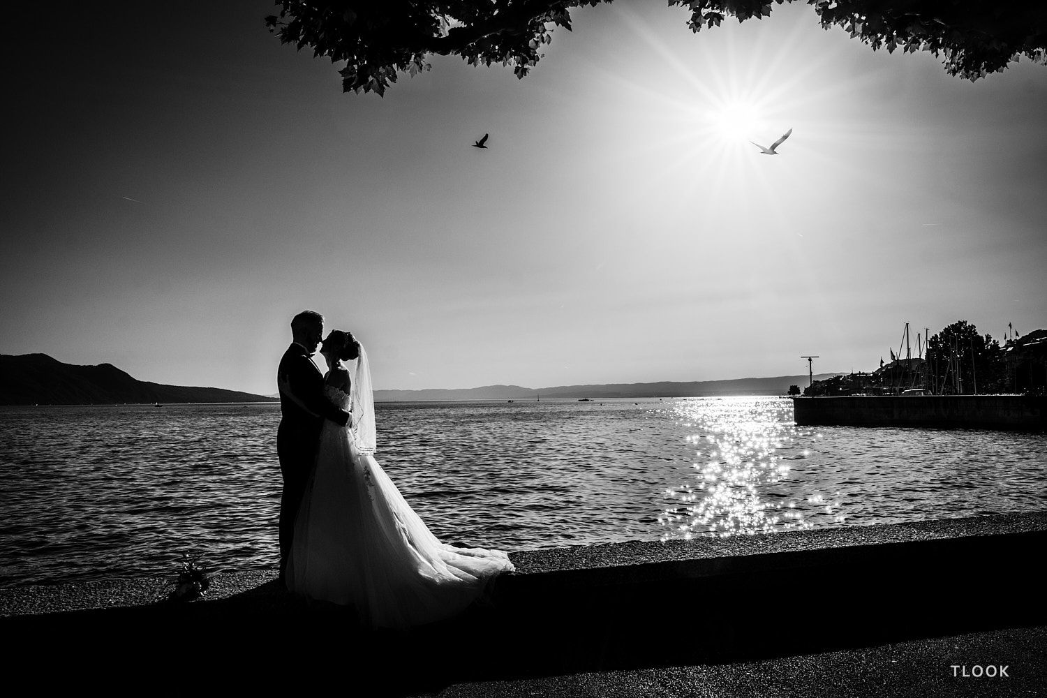TLOOK photographe de mariage de style documentaire, portrait des mariés au bord du lac léman sur les quais au grand hôtel du lac