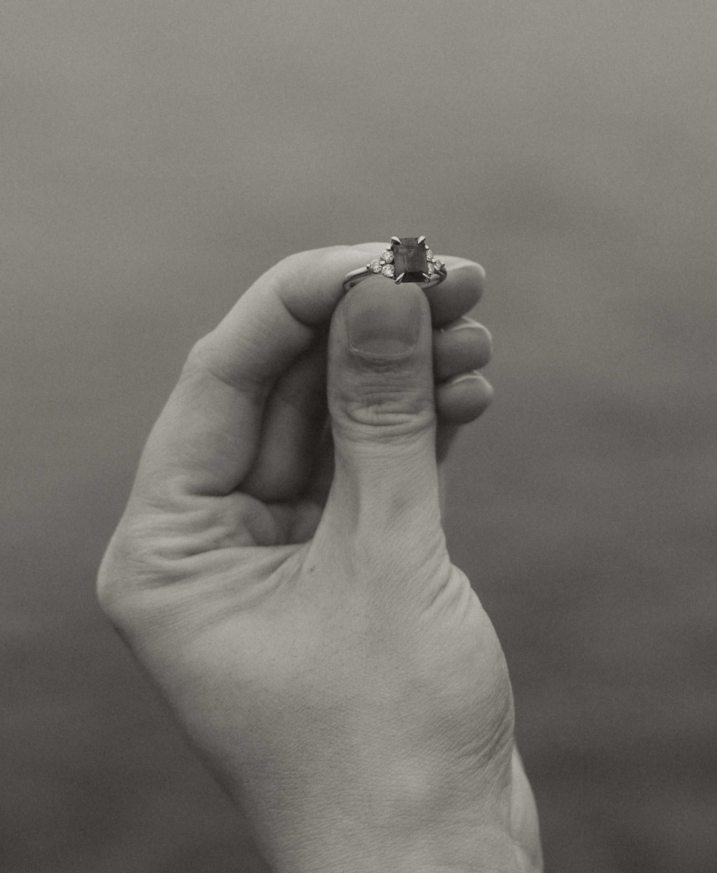 A hand holds up a small wildflower between thumb and forefinger in black and white.