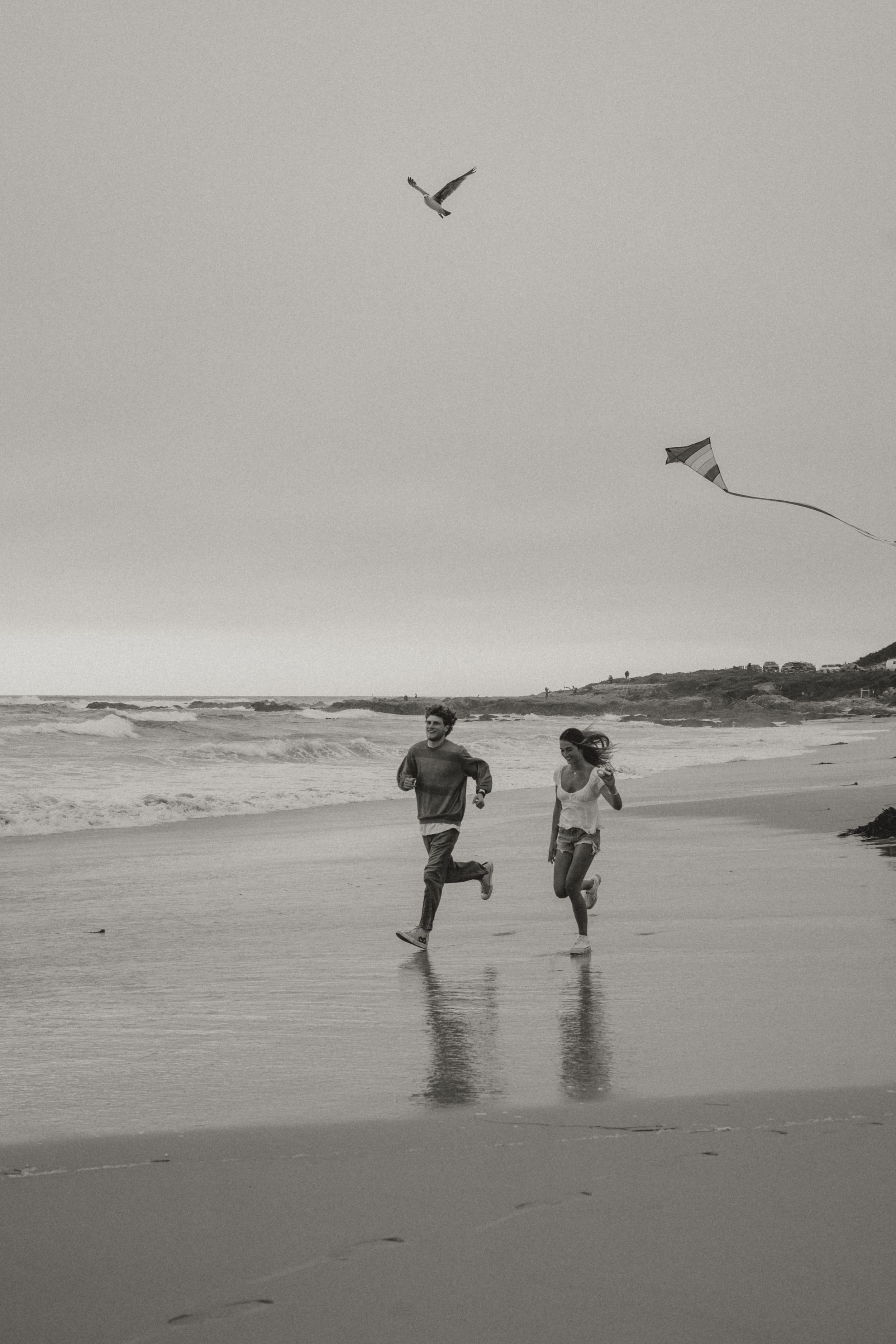 Two silhouetted figures run playfully along a misty beach shoreline as seabirds soar overhead in a black and white scene.
