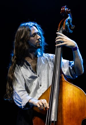 Musician with long hair plays upright bass under dramatic blue stage lighting.