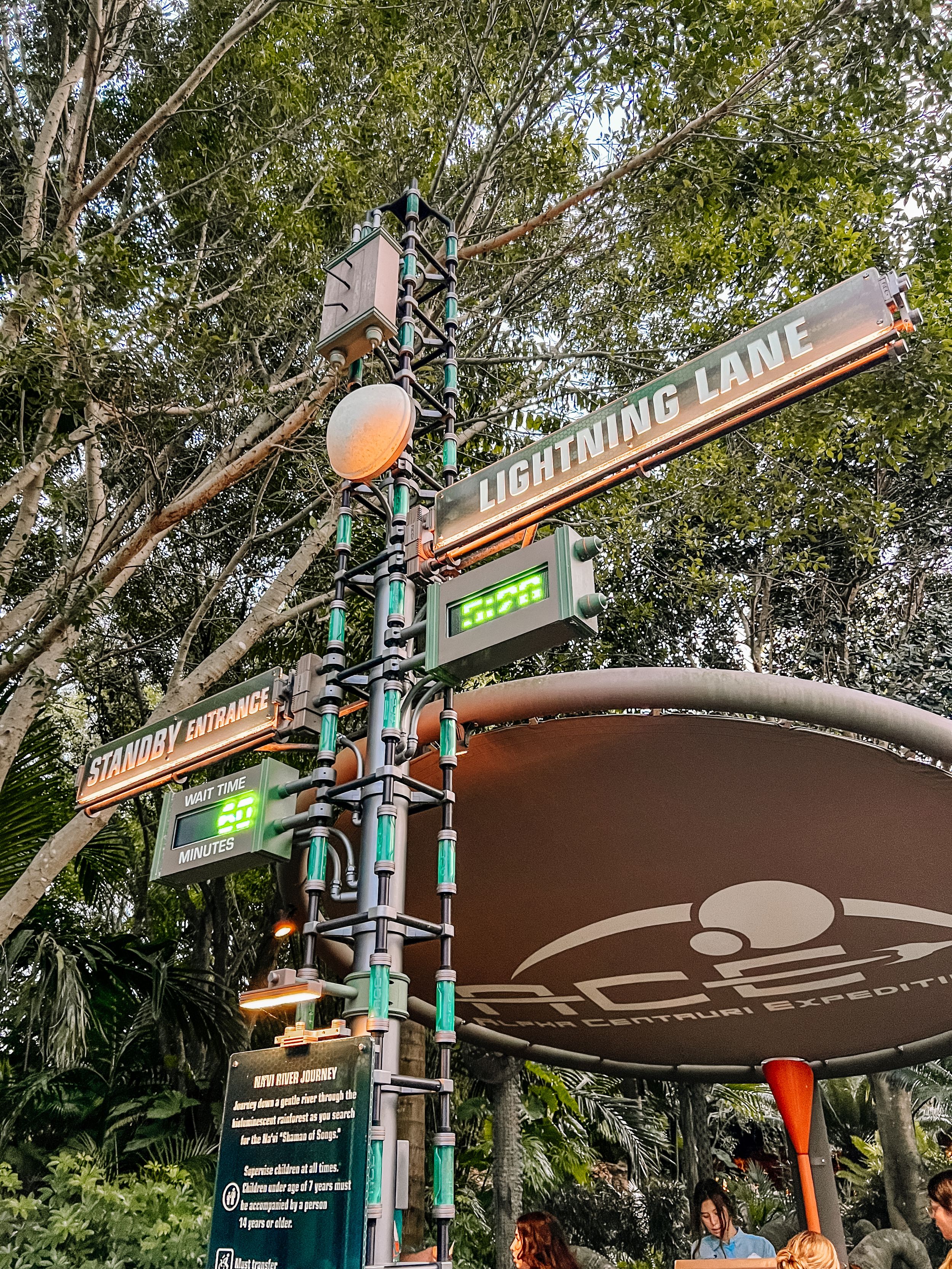 A direction sign post for Lightning Lane and Fastpass stands against green trees at Disney theme park.