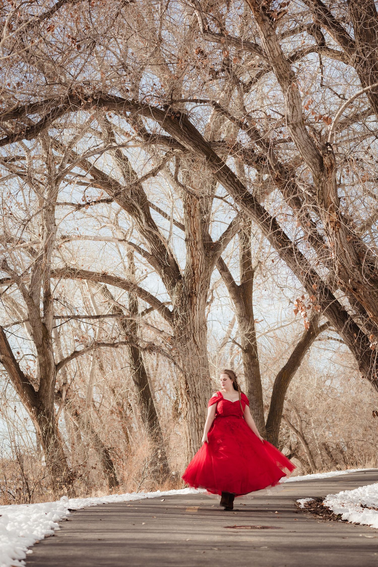 Spanish Fork river trail Utah winter senior portrait ball gown