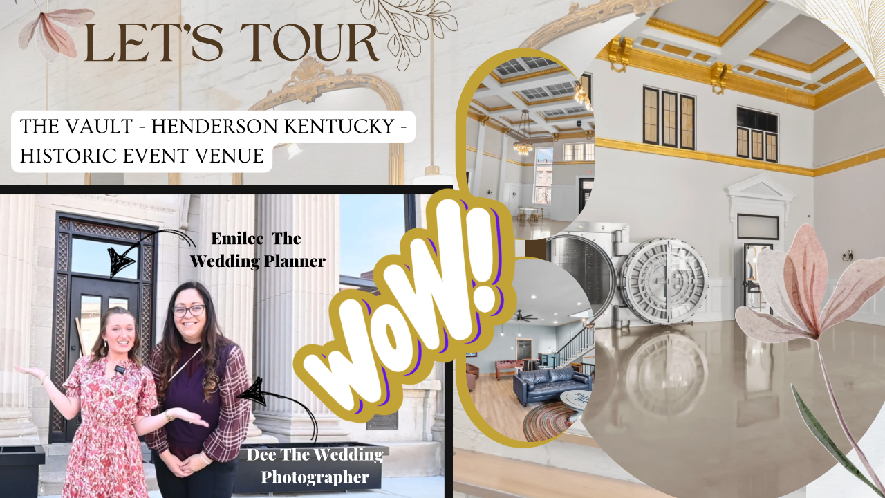 A promotional event venue tour image showing The Vault in Henderson Kentucky with venue interior and branding elements.