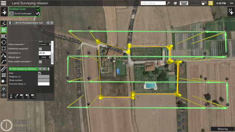 Drone mapping software interface showing agricultural field planning with route markers.