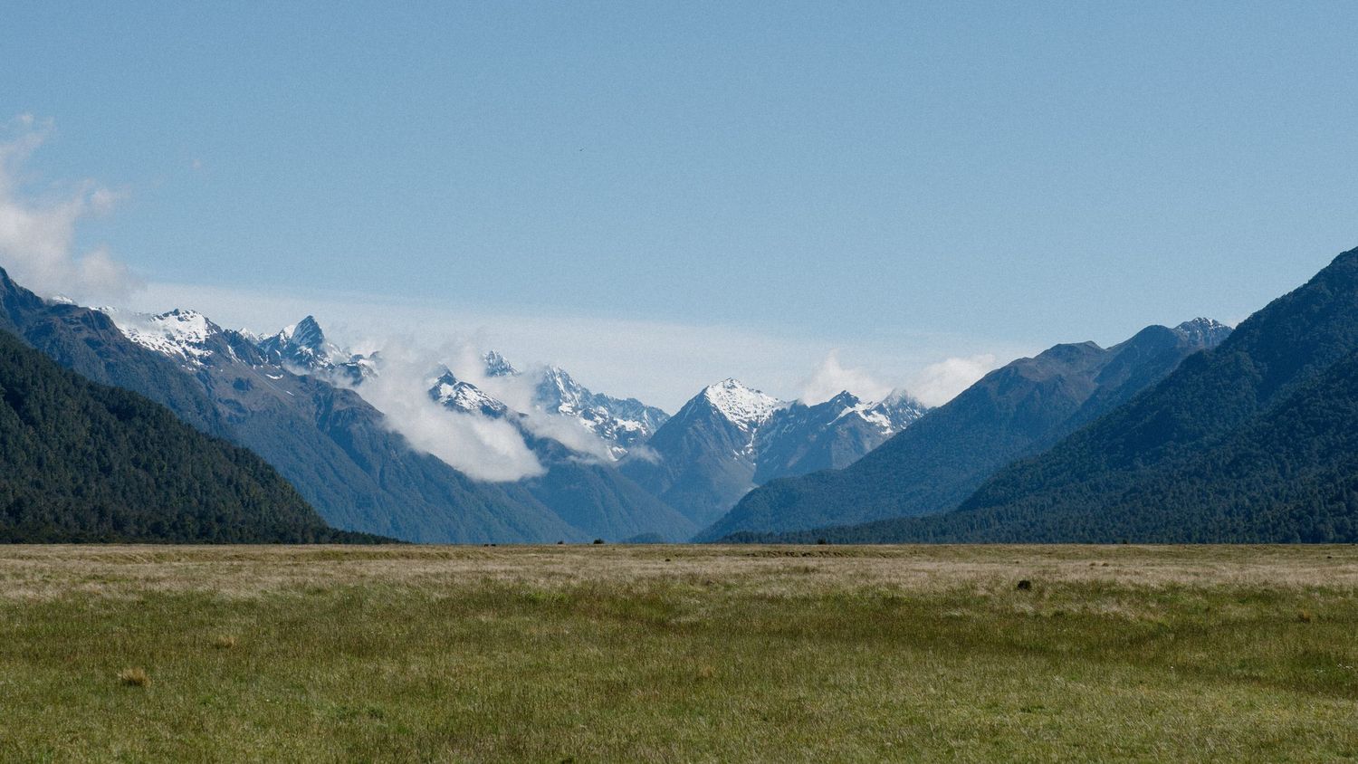 Snow-capped mountain peaks rise majestically at the end of a vast green valley.