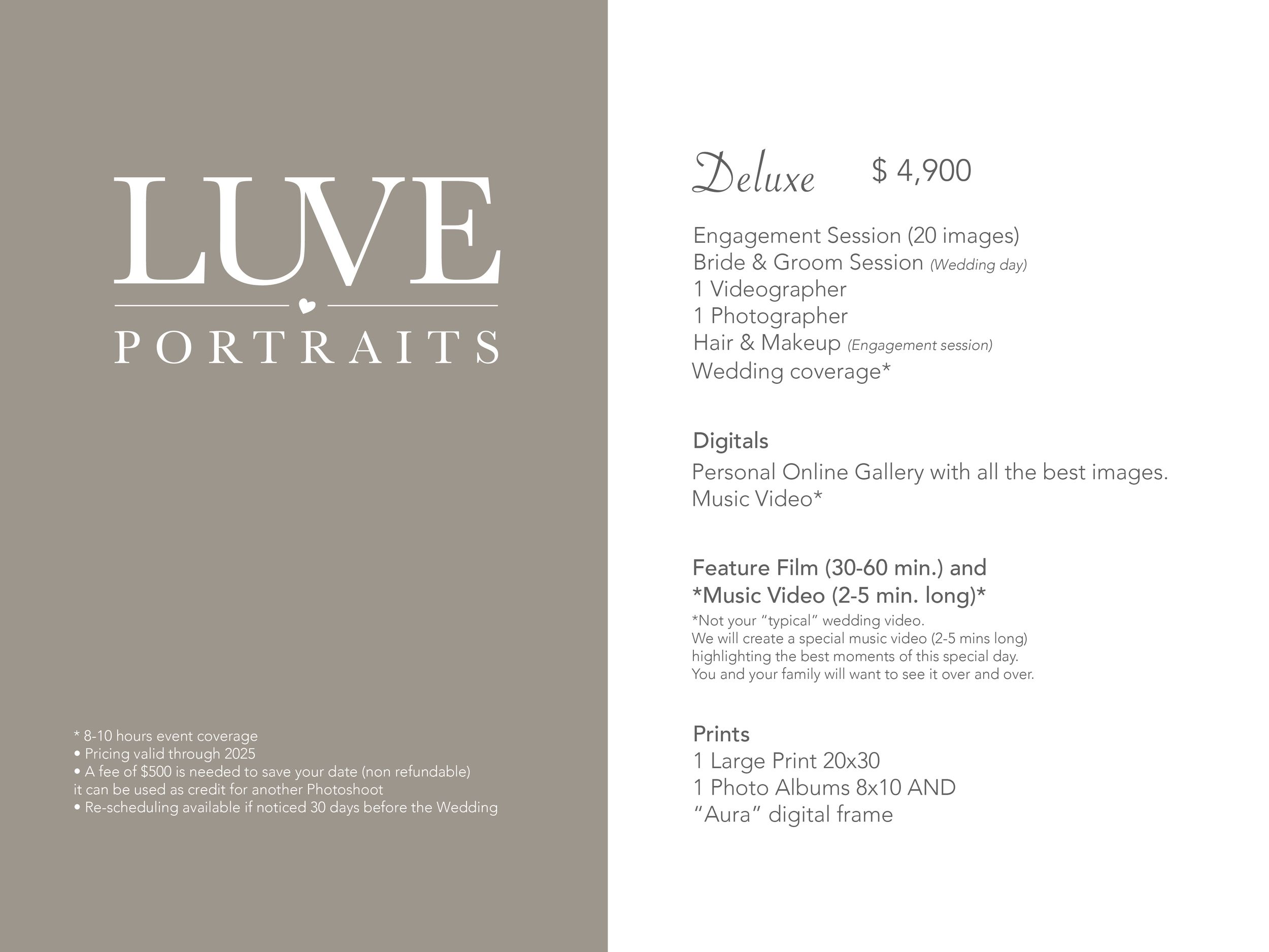 Studio photography pricing guide showing deluxe package details in minimalist design.