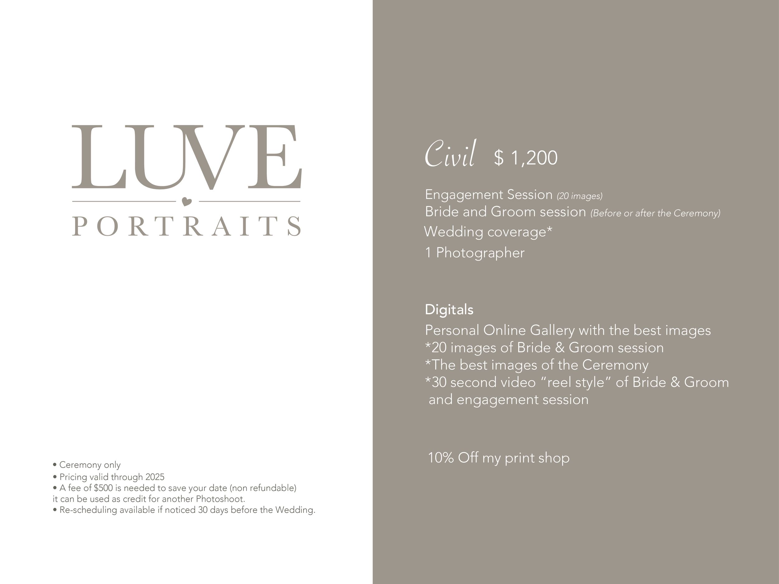 Wedding photography pricing sheet displaying package options in muted taupe tones.