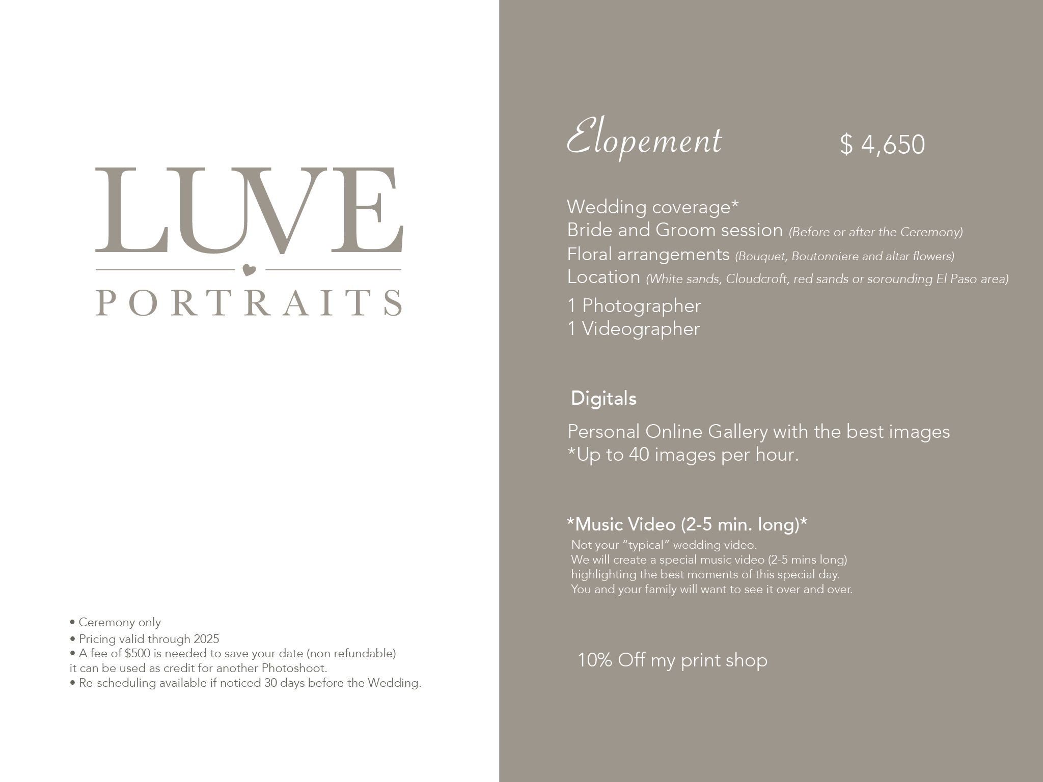 Elopement photography package details displayed in elegant typography on neutral background.