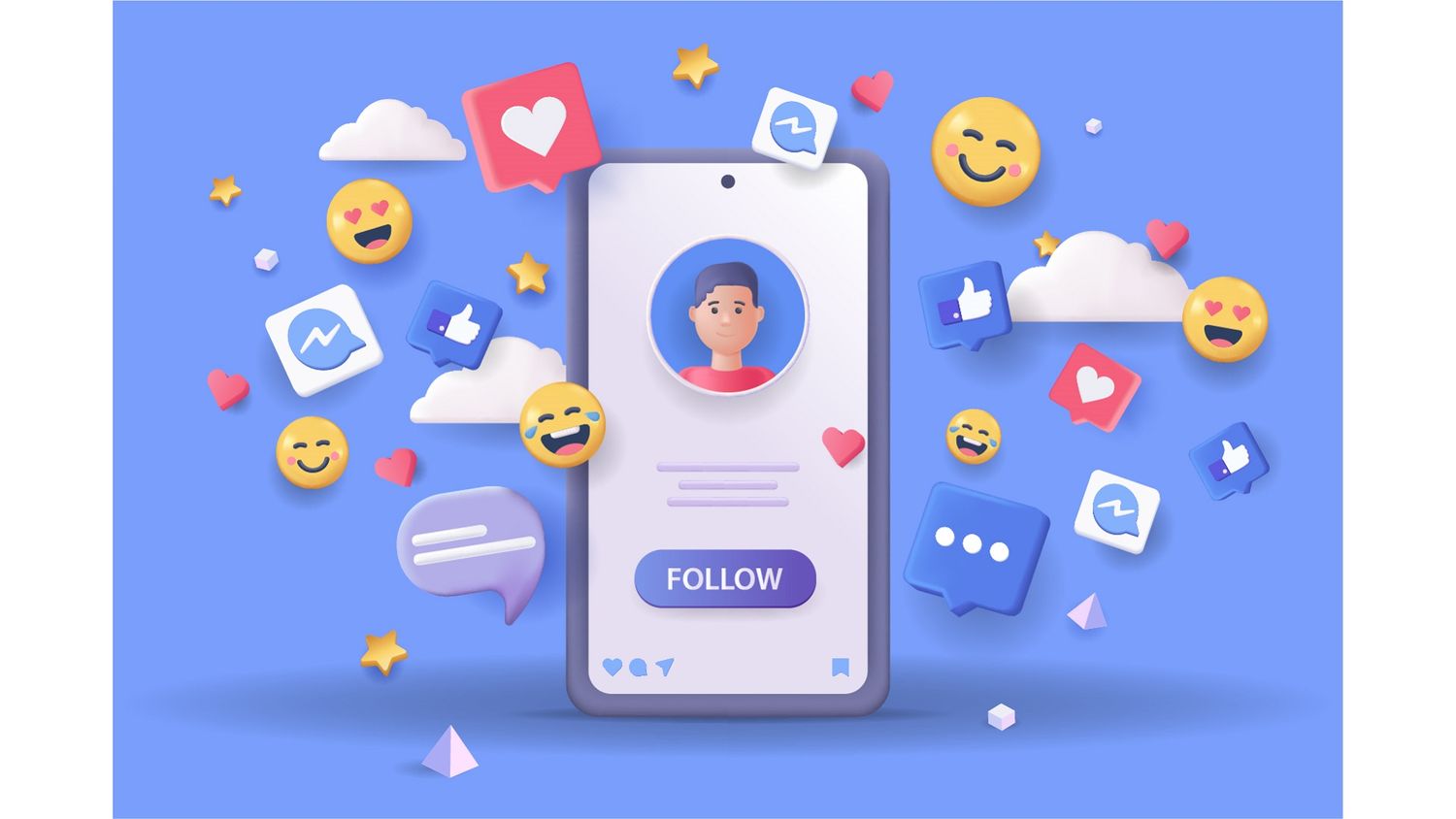 Illustration of a mobile phone with social media icons and emojis floating around it.