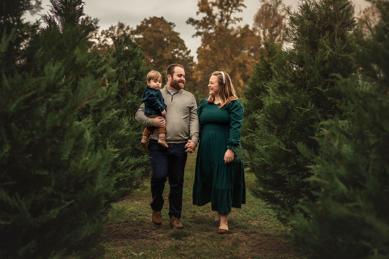 Family walks together in a Christmas tree farm during golden hour, surrounded by evergreen trees.