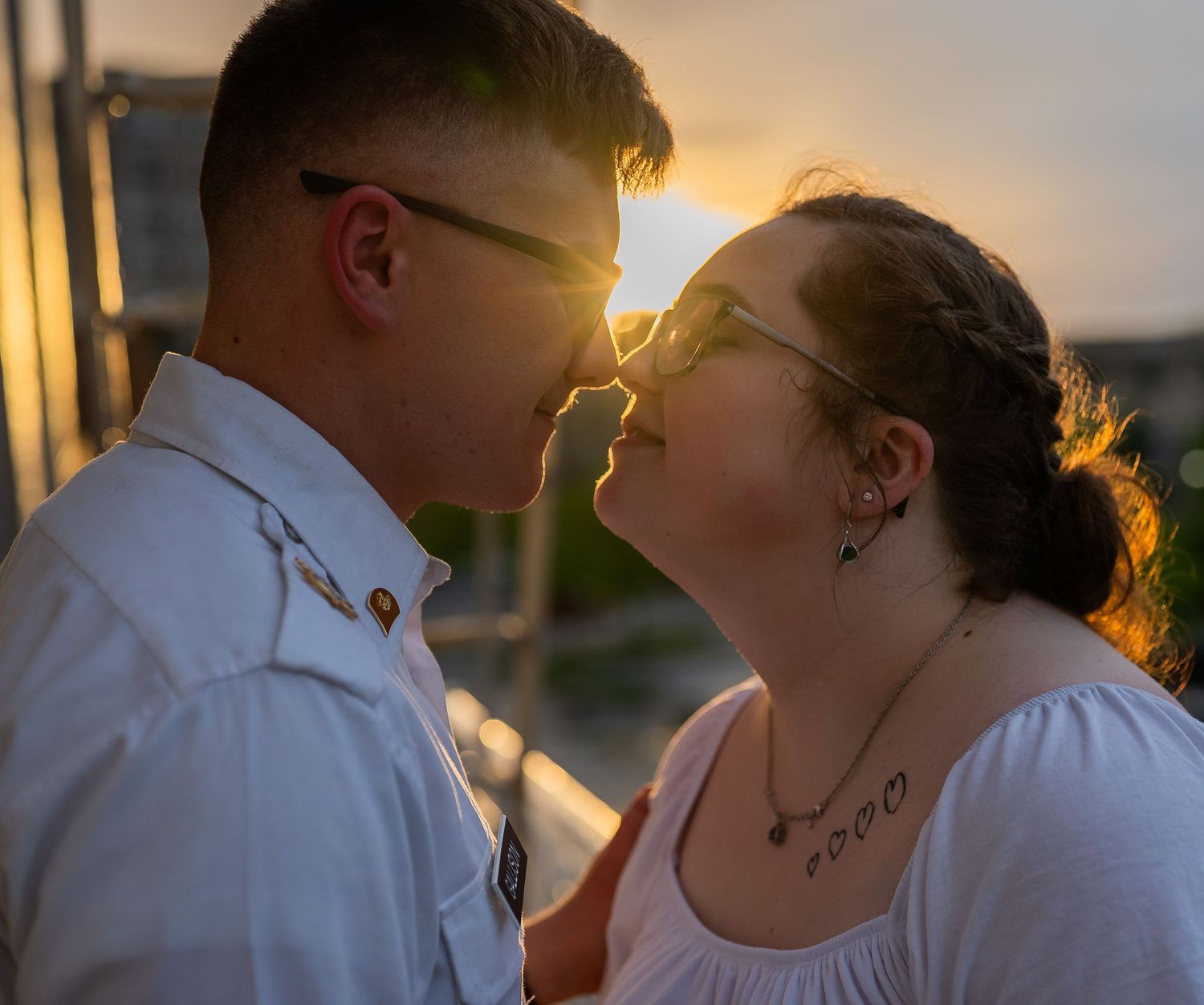 Kayla and Geoffrey's wedding day, golden hour portrait at their Lincoln Loft reception, Watertown, New YOrk