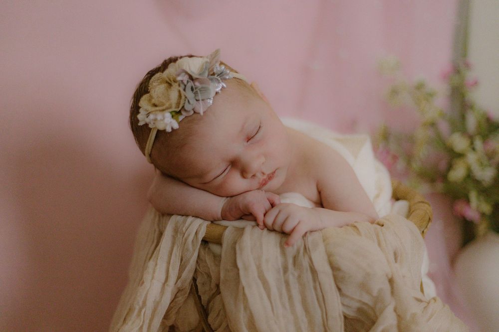A peaceful newborn rests on plush fabric surrounded by soft pink flowers and natural light.