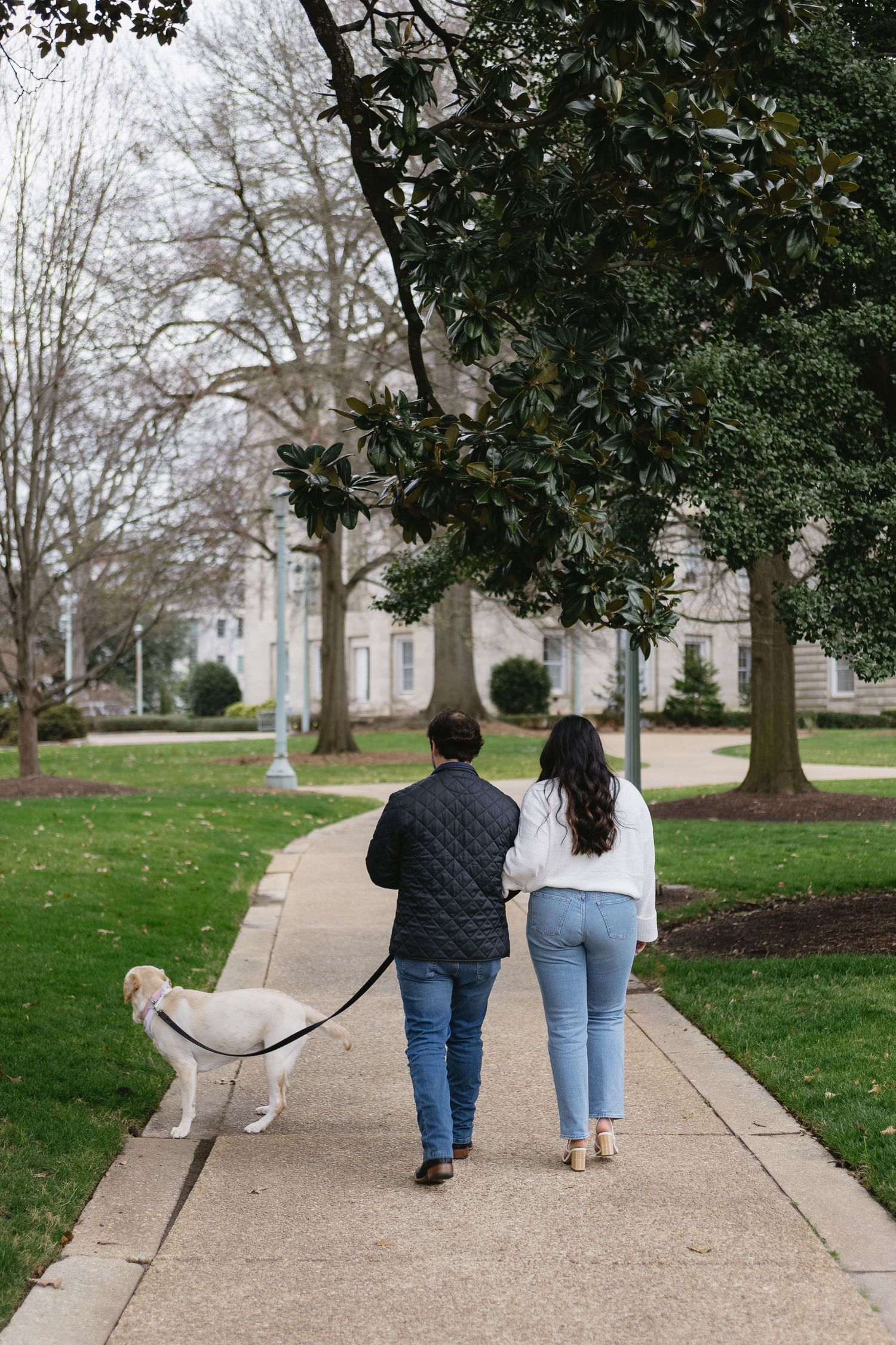 Couple walking their white dog on a tree-lined path through a park.