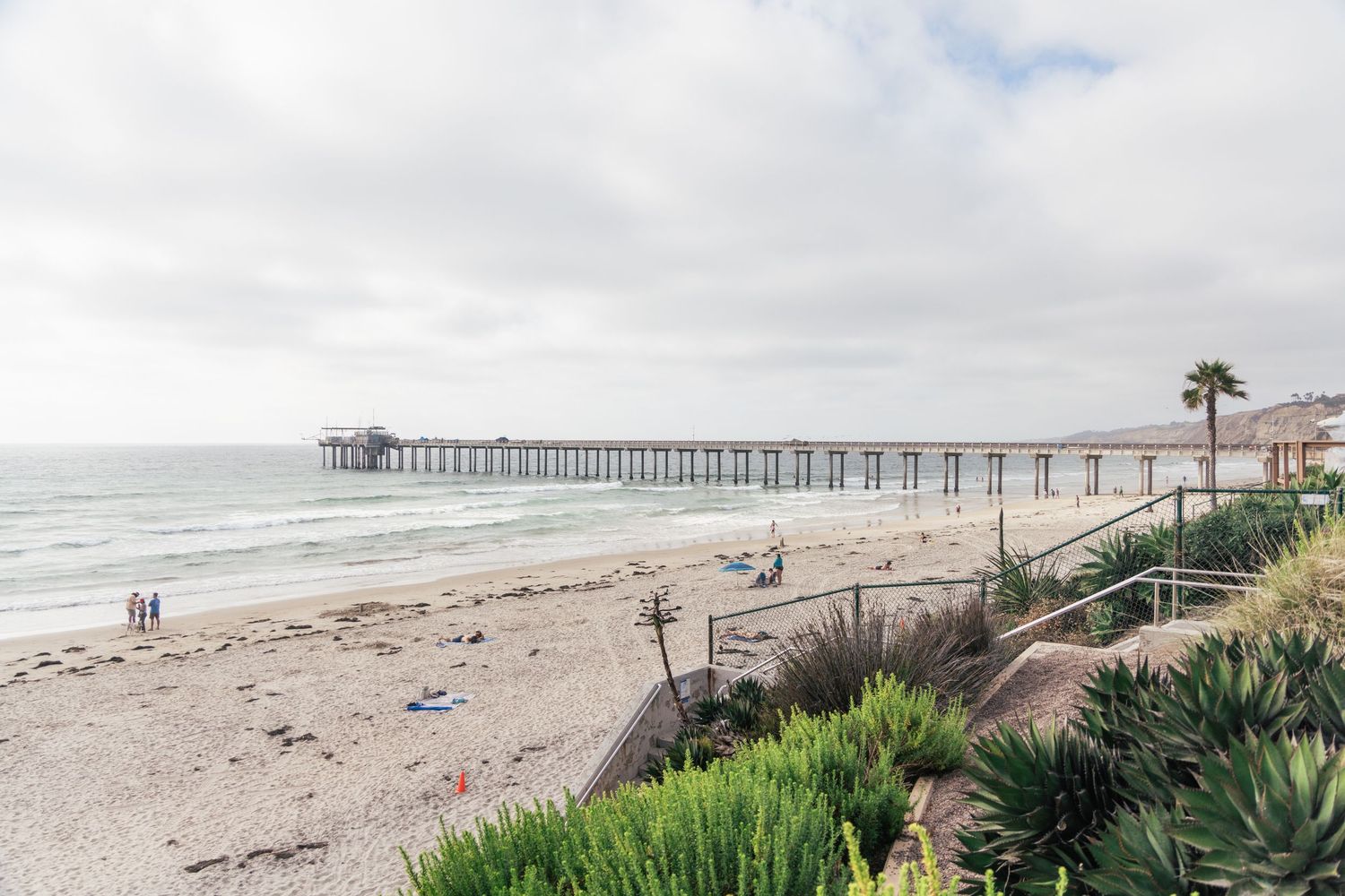 Scenic coastal beach view with green vegetation in foreground and long wooden pier stretching into ocean under cloudy sky.