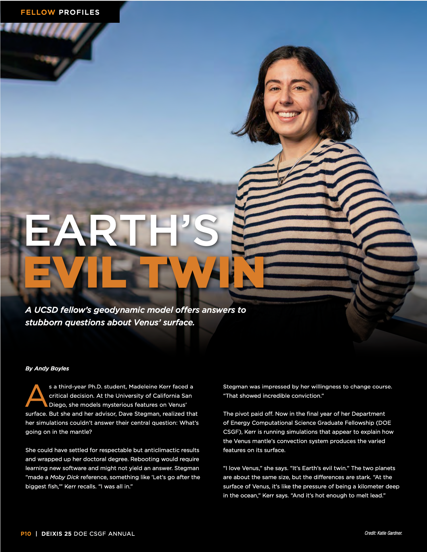 A magazine article layout showing multiple pages about Earth's surface with text and photos against blue and white backgrounds.