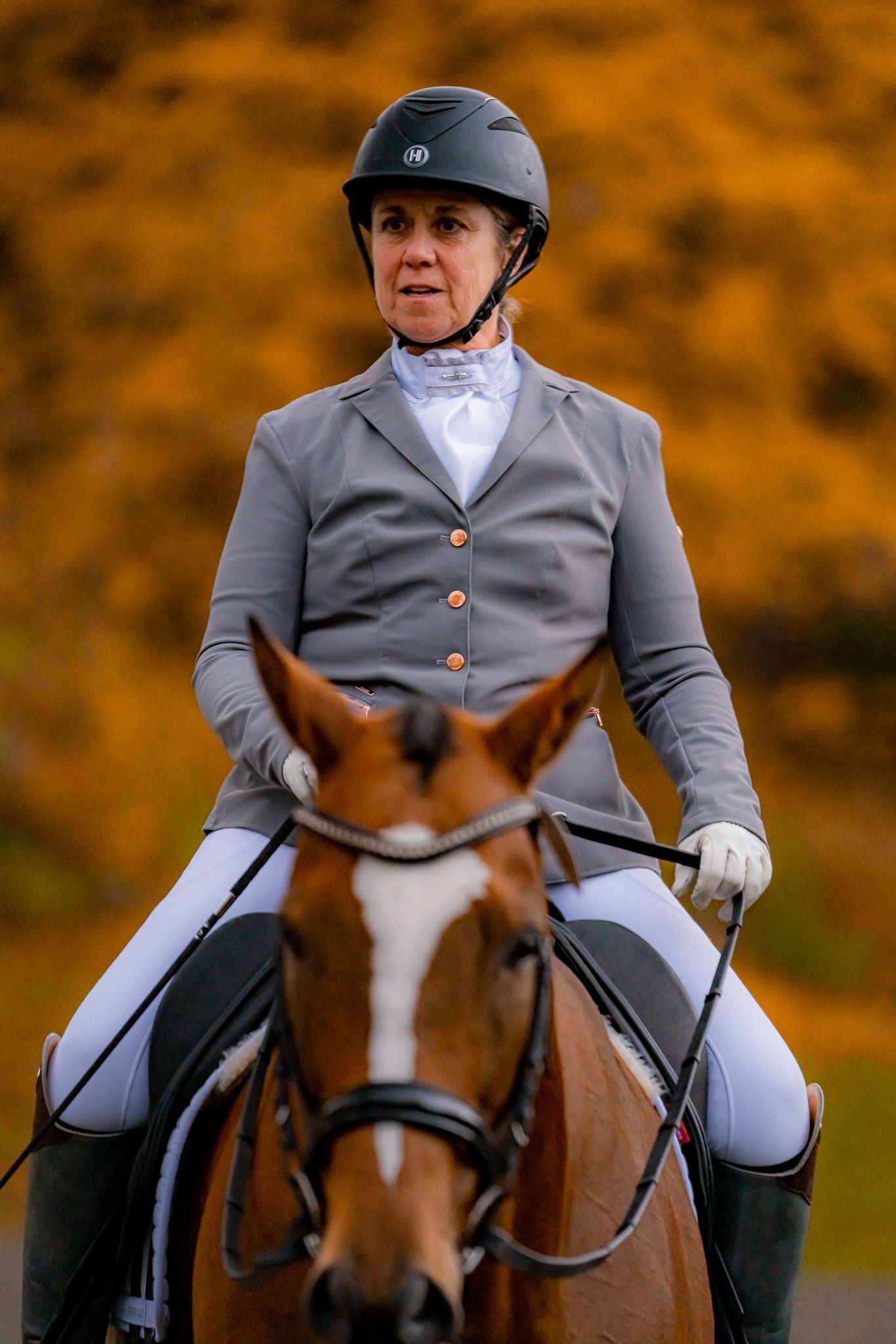 Equestrian rider in formal dressage attire mounted on horse against autumn background.