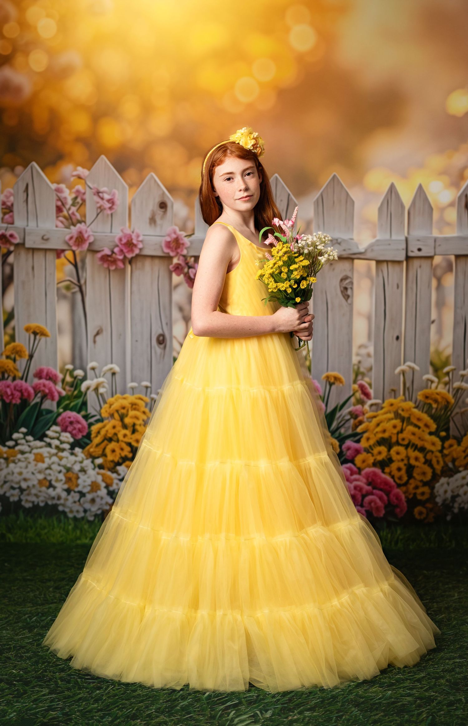 A person in a flowing yellow ballgown stands in a garden setting with a white picket fence and golden autumn light.