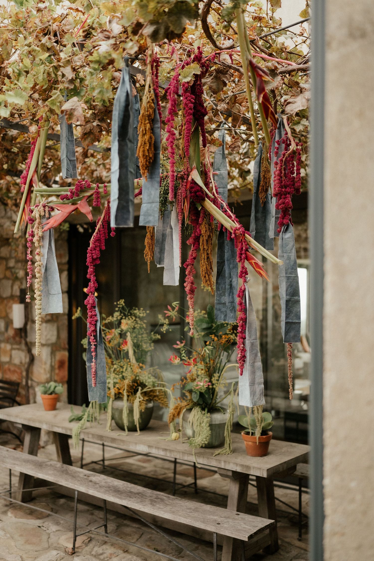 Colorful fabric streamers and decorations hang from tree branches over wooden benches.