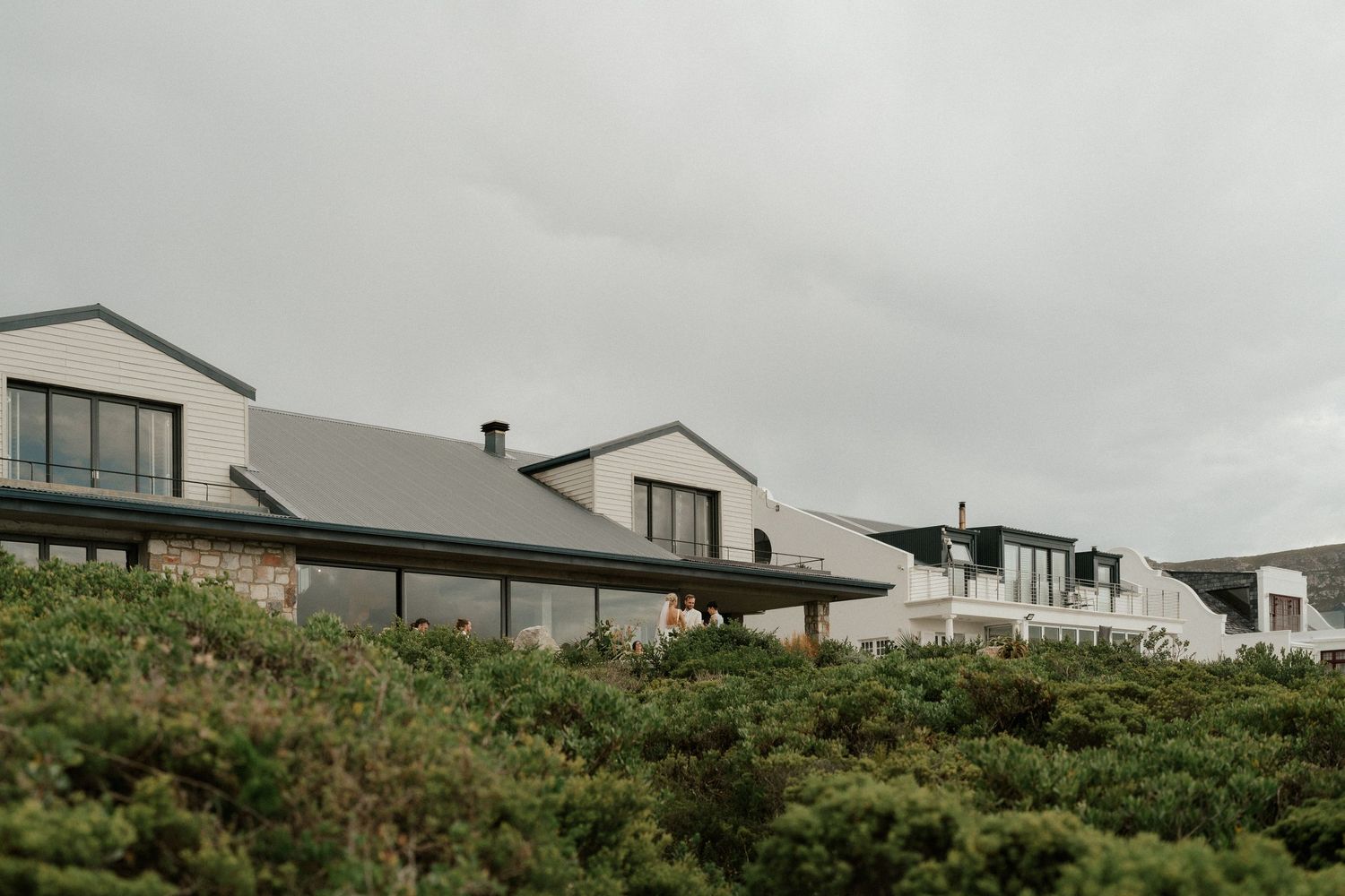 Modern coastal homes with dark roofs nestled among green vegetation.
