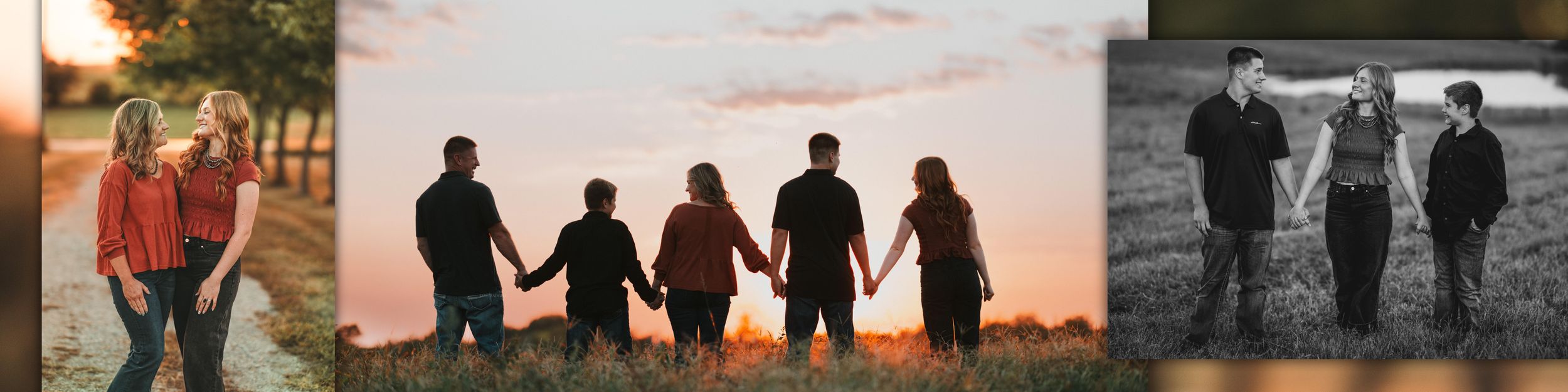 A collection of silhouetted figures walking together against colorful sunset skies in various outdoor settings.