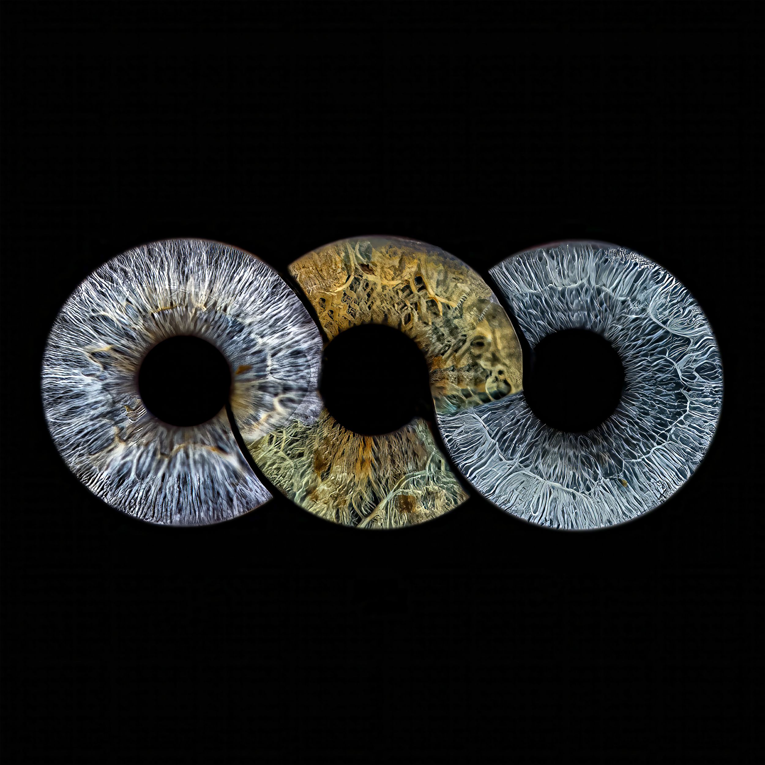 A series of black and white circular iris patterns arranged in a horizontal row against a dark background.