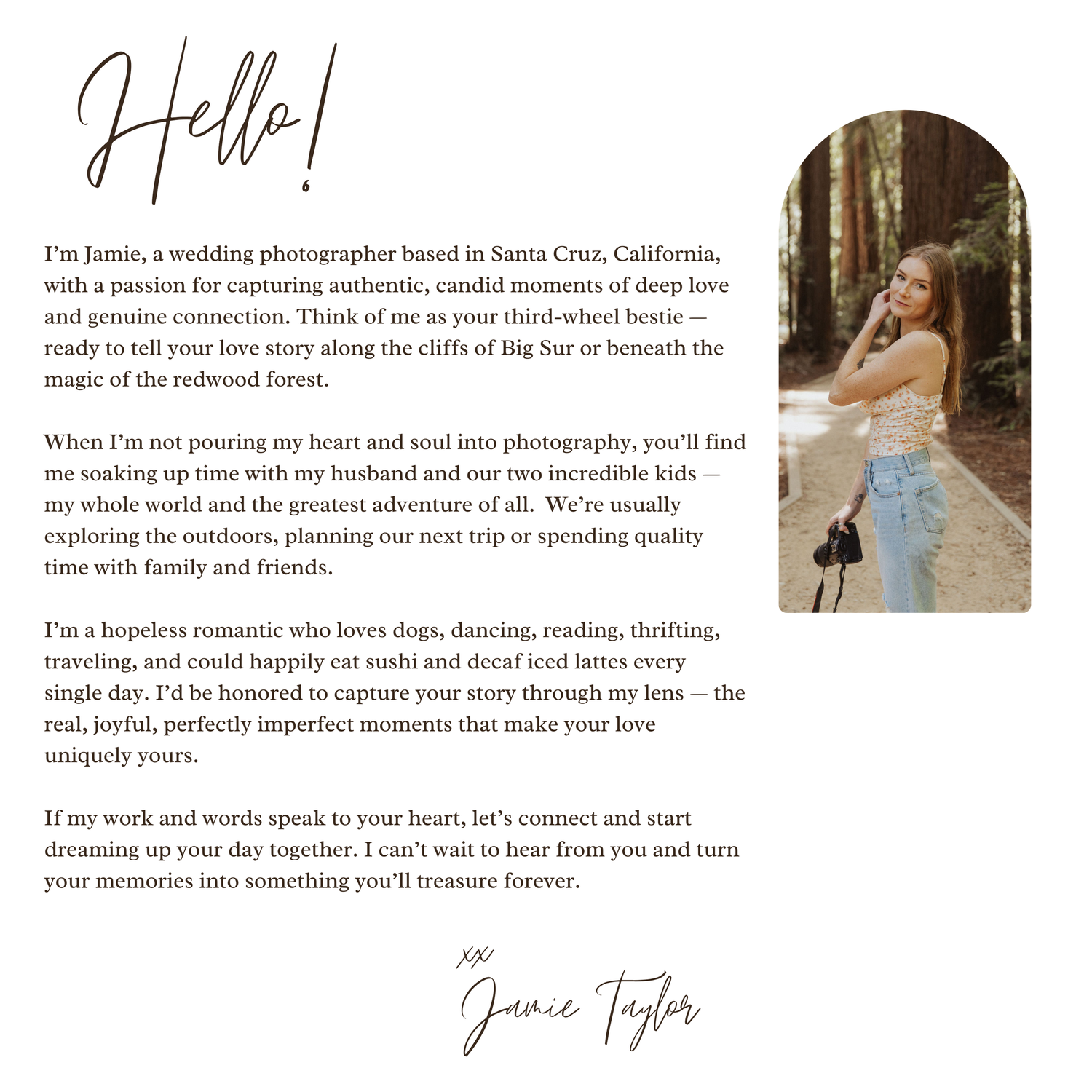 A professional wedding photographer's website introduction text with handwritten script elements.