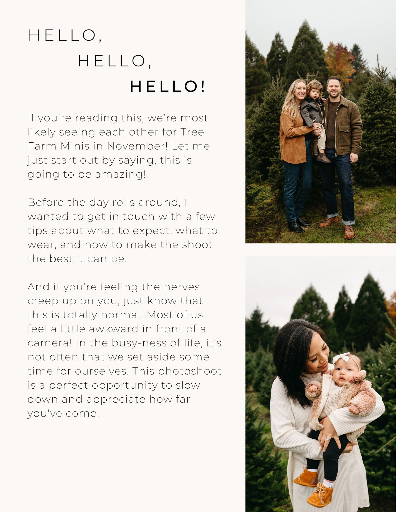 Photography welcome guide showing various outdoor photo session scenes at a Christmas tree farm.