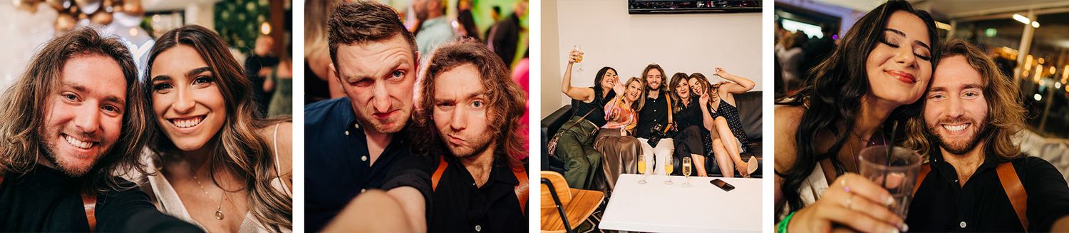 Three connected party photos show happy people enjoying drinks and celebrations with friends at a social gathering.