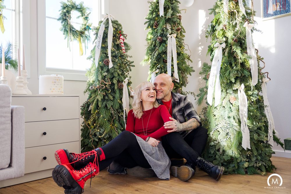 A collage of winter holiday scenes with evergreen garland decorations and festive interior settings.