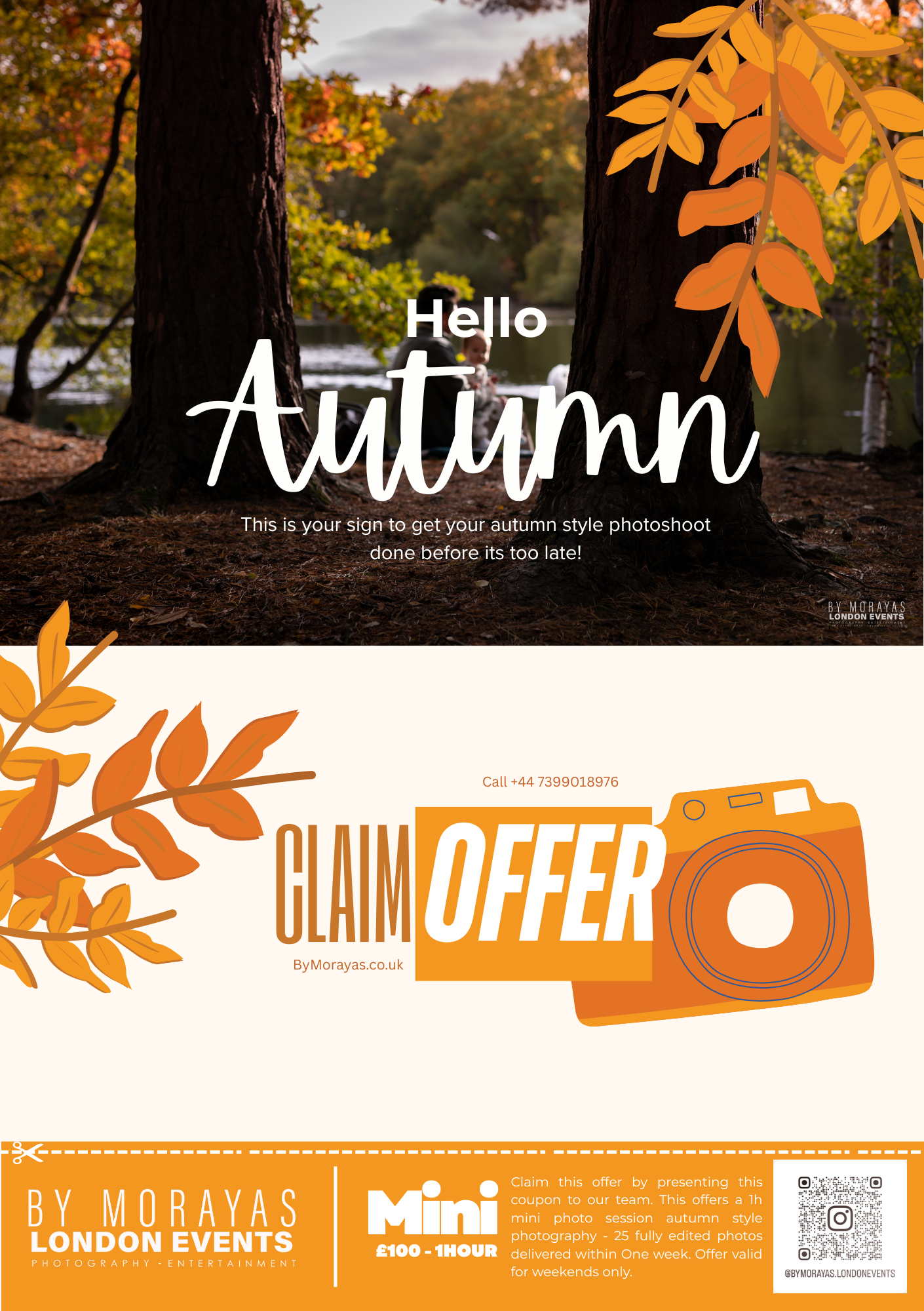 Autumn-themed social media banner design with orange leaves and camera icon for photography event promotion.