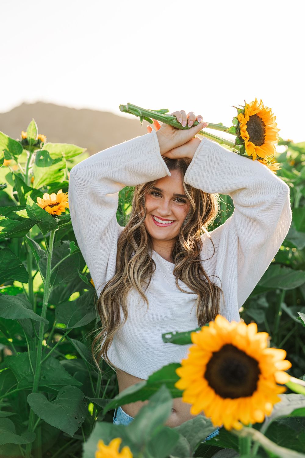 Person in white sweater poses among blooming sunflowers on a sunny day.
