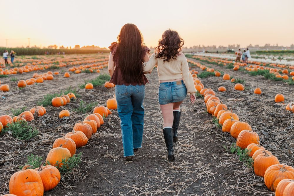 Two friends walking through rows of pumpkins at a pumpkin patch during sunset.