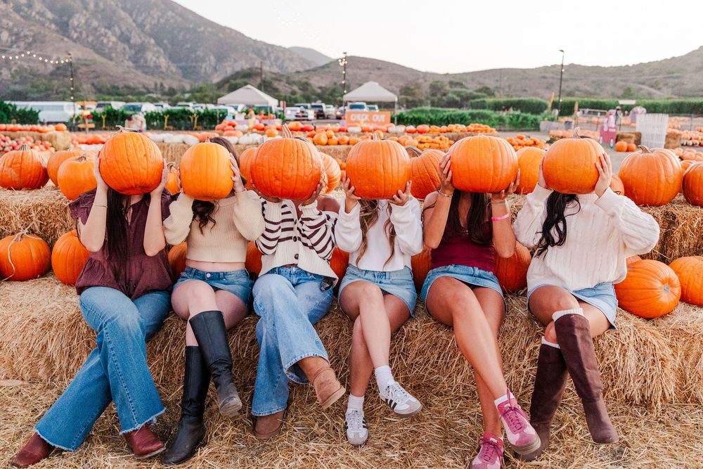 Friends sitting on hay bales among pumpkins at fall harvest festival.