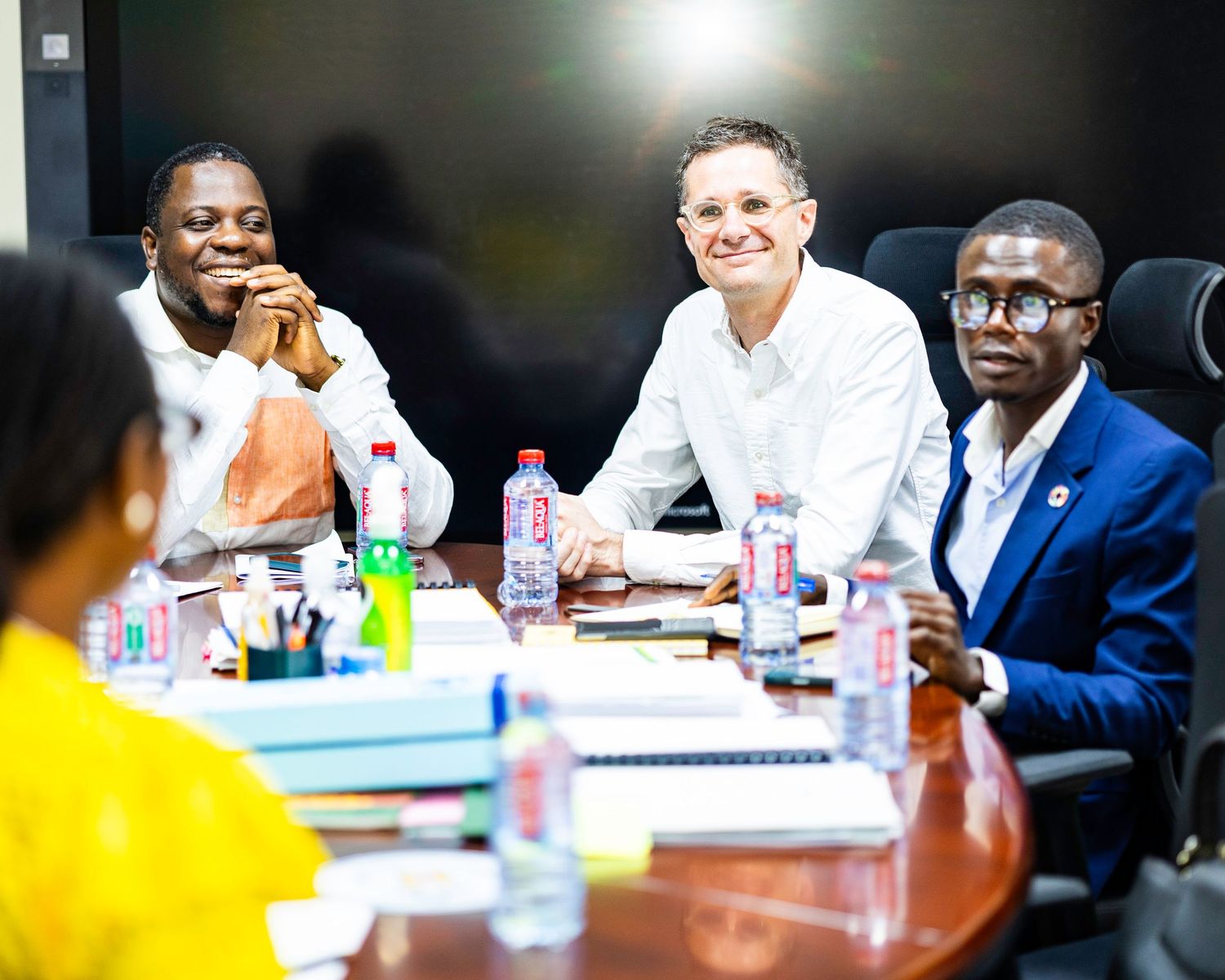 Professional meeting participants engaged in discussion at conference table with drinks and documents.