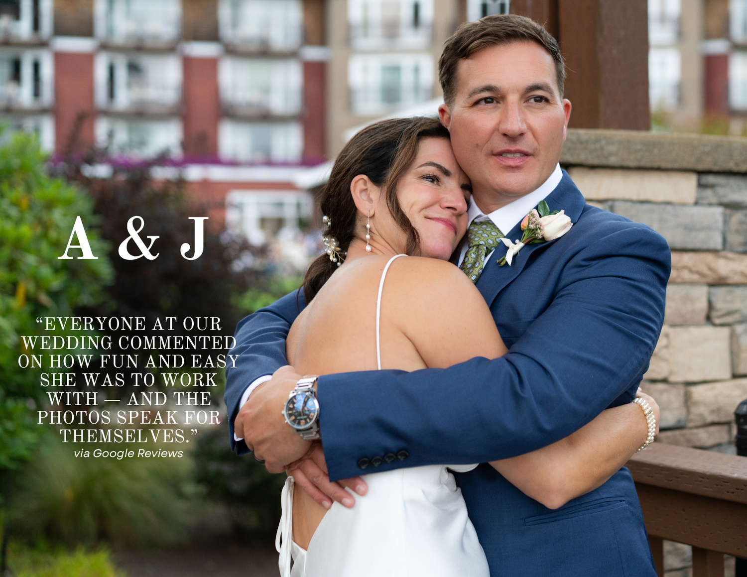 A happy couple embraces outdoors in formal wedding attire, with bride in white dress and groom in navy suit. Captured by Savvy Photography
